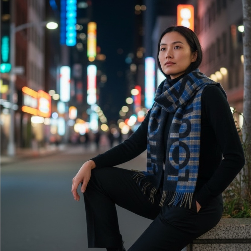 LOUIS VUITTON Women's Blue Escarp Check Scarf in Wool Cashmere